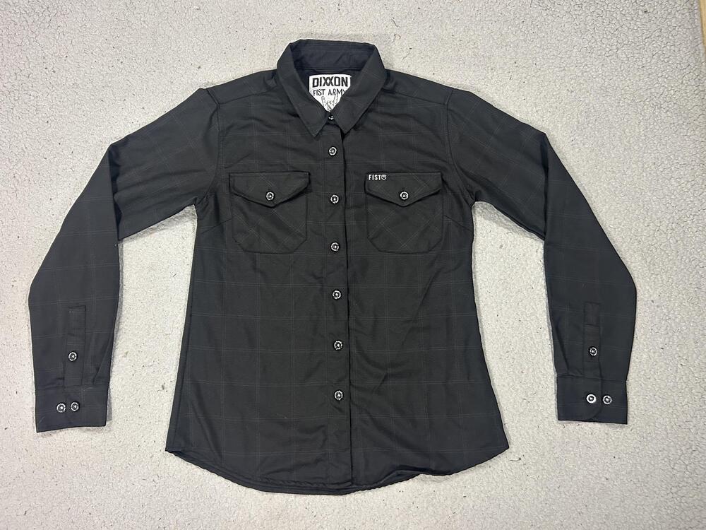 Dixxon FIST Army Shirt Womens Medium Black Plaid Twill Button Up Long Sleeve